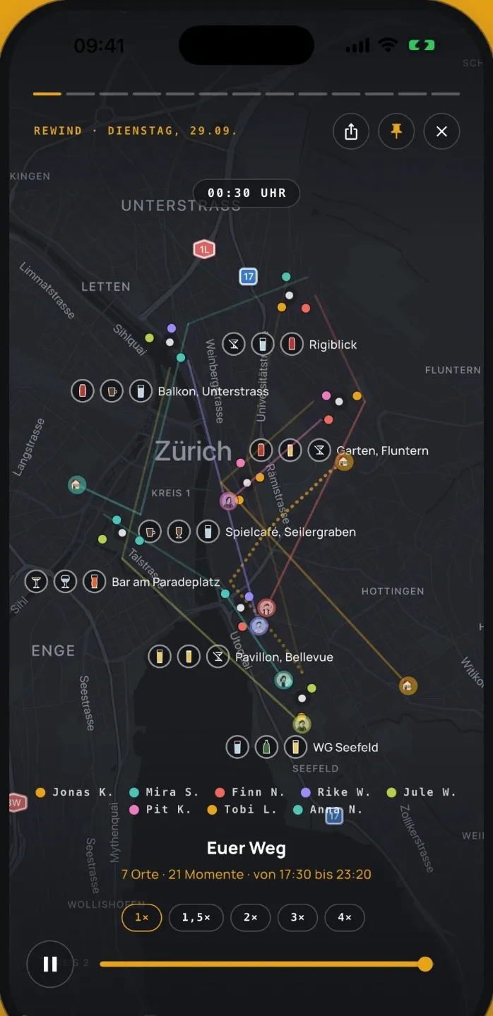 App screen: Rewind with the night’s route over Zurich
