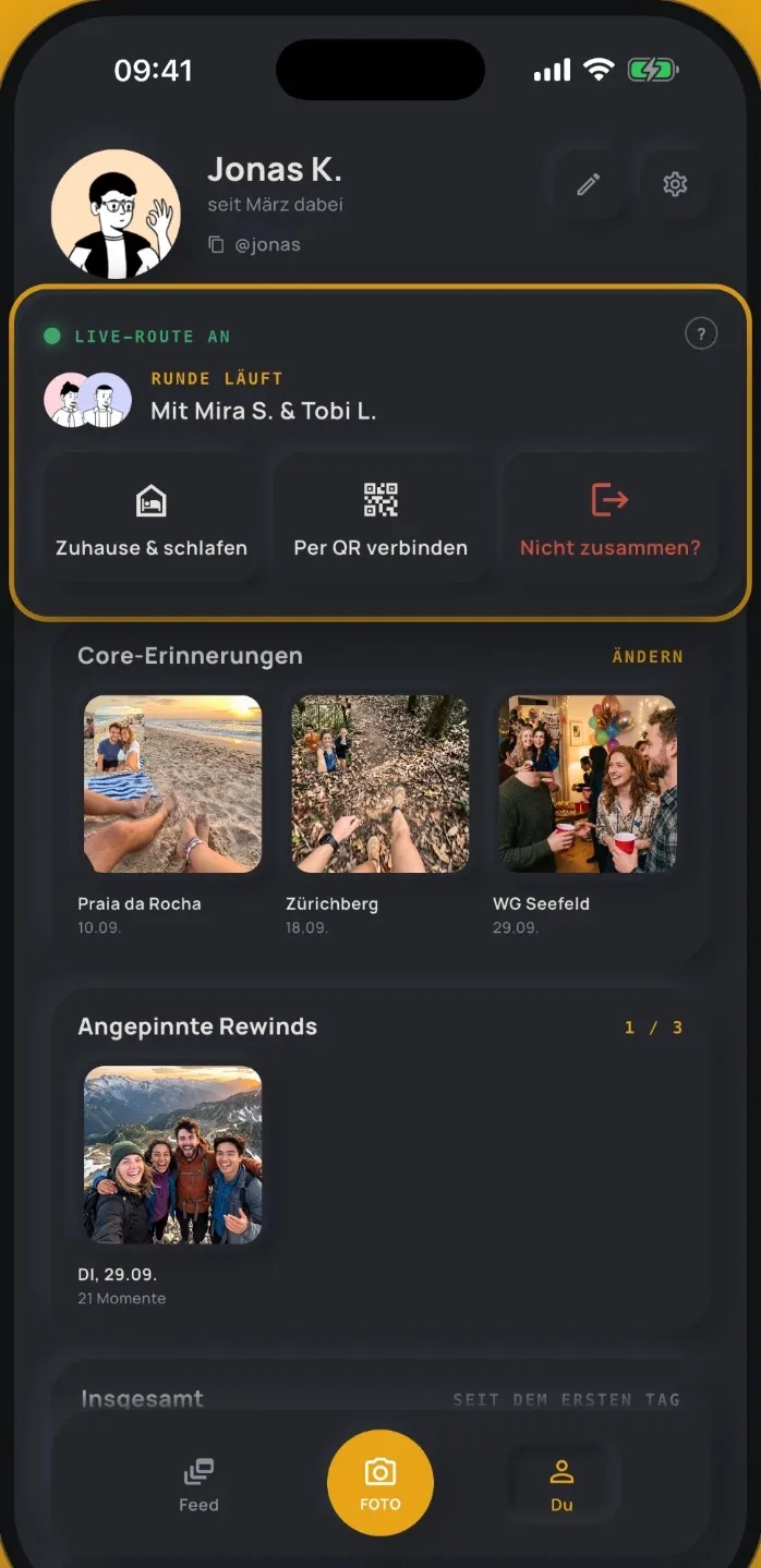 App screen: profile with a running round and the “Zuhause & schlafen” button