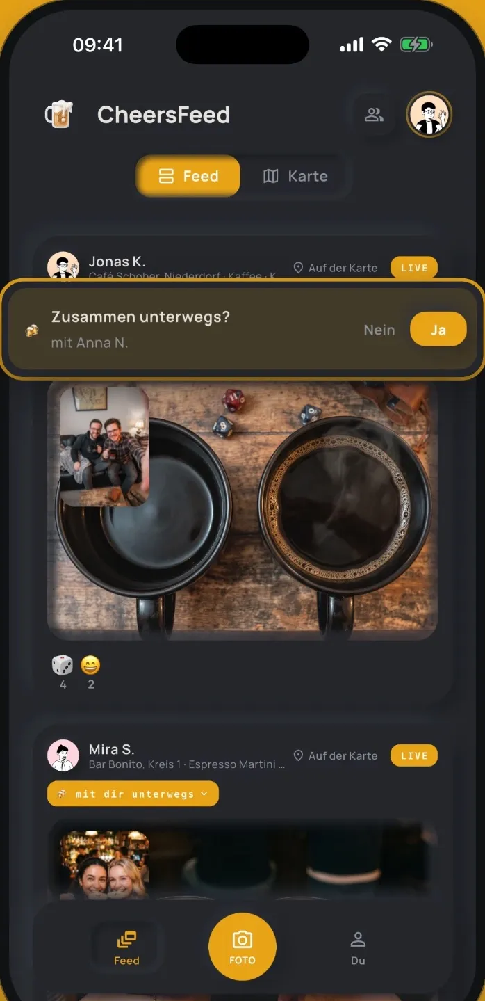 App screen: the “Zusammen unterwegs?” (out together?) prompt over the feed